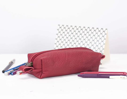 Rec Case - Deep Red Leather Pencils Case, Rectangular Accessory Bag Purse Glasses Markers Zipper Pouch
