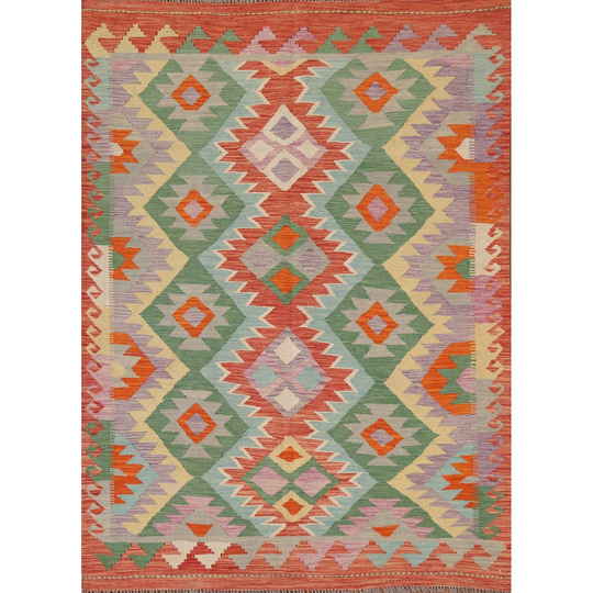 Reversible Kilim Area Rug Flat-weave Oriental Multi-Color Wool Carpet - 5'0" x 6'8"