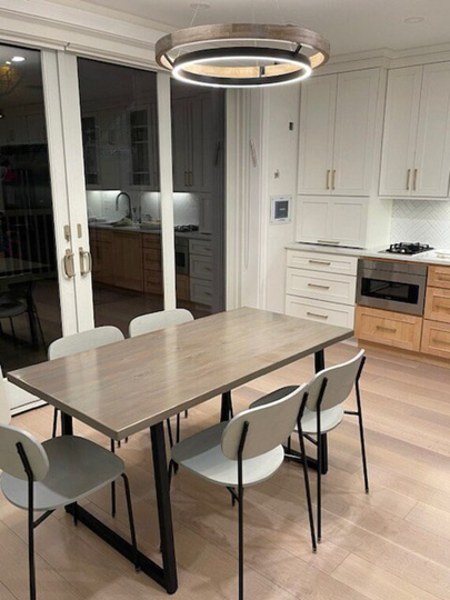 Modern Wood Table in Your Choice Of Table, Counter Or Pub Height With 1.5" Reclaimed Top & Our Modern Brooklyn Flare Out Legs