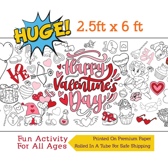 Valentine's Day Coloring Banner, Valentine Paper Tablecloth, Table Cover, Party Activity - 30" X 72" Inches