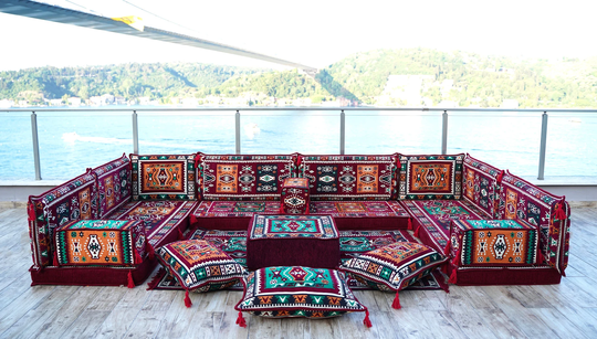 Maroon U Shaped Arabic Floor Seating Couch, Majlis, Turkish Sofas, Ethnic Cushion, Loveseat, Indoor Cushions