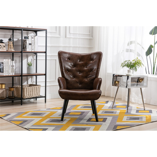 Modern Mid-Century Accent Chair with Round Arms, Camelback and Button Decoration, 30"L x 25.5"W x 37.7"H, Brown PU