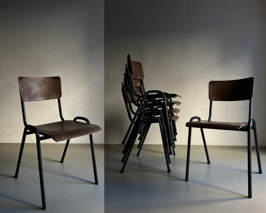 5 Brown Stacking School Chairs/Plastic Bistro Chairs/Vintage