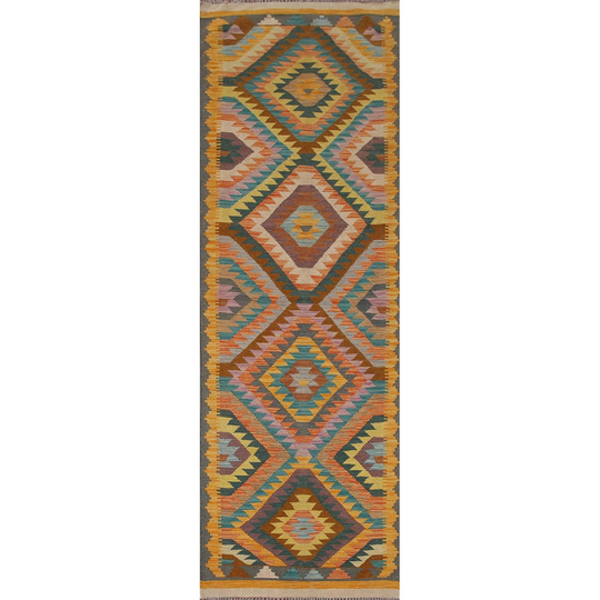 Geometric Multi-Color Kilim Oriental Runner Rug Flatweave Wool Carpet - 2'11" x 10'1"