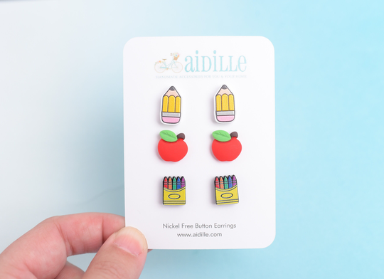Back To School Earring Trio Set, Acrylic & Resin Titanium Studs, Apple Crayon Box Pencils, Sensitive Ears, Teacher Gift Idea