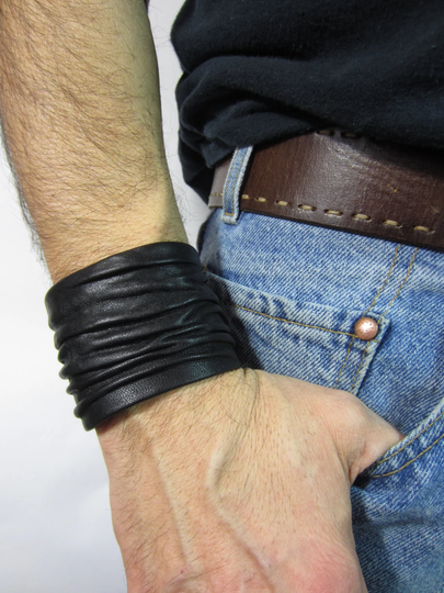 Mens Black Leather Cuff Bracelets Wristbands Crushed Sculpted Italian Men/ Women L2000