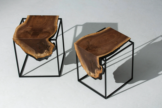 Set Of 2 Side Tables - Solid Black Walnut, Live Edge Top With Metal Base