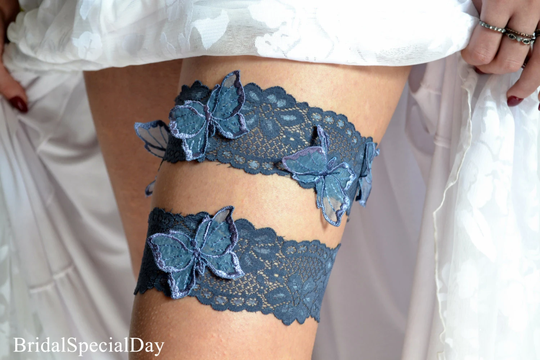Navy Blue Wedding Garter Set Lace Bridal Set, Something Blue, Butterfly Handmade Garters