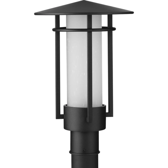 Exton Collection 1-Light Textured Black Etched Seeded Glass Modern Outdoor Post Lantern Light - 11.12 in x 11.12 in x 17.12 in