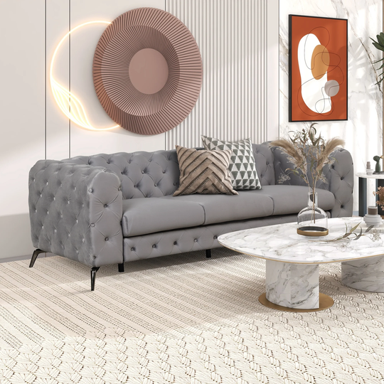 Velvet Upholstered Sofa Modern Button Tufted Back 3 Seater Sofa Couch with Metal Legs