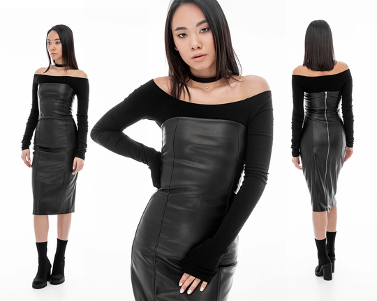Black Eco Leather Fitted Dress, Below The Knee Pencil Gothic/Punk Rock Clothing For Women, Off Shoulder Party A0369