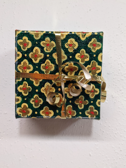 Miniature Handpainted Oil Painting Of Gift With Ribbon, Geometric Wrapping Paper, Original Fine Art Painting, Erica Harney