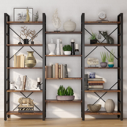 Triple Wide 5-Shelf Bookcase, Etagere Large Open Bookshelf Vintage Industrial Style Shelves