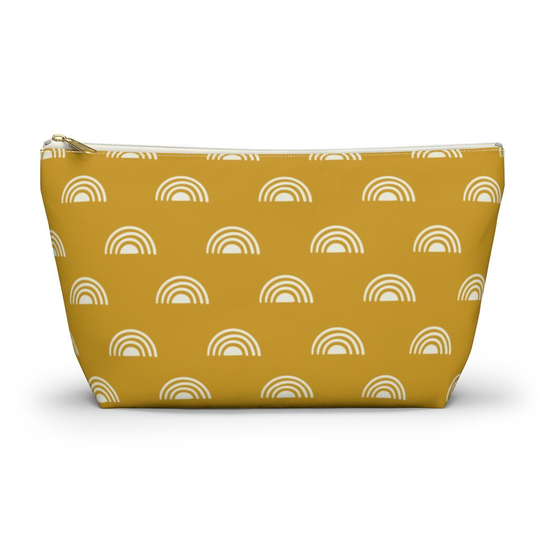 Boho Cosmetic Bag, Mustard & Rainbow Makeup Accessory Pouch With Zipper, Pencil Case, Small Coin Travel