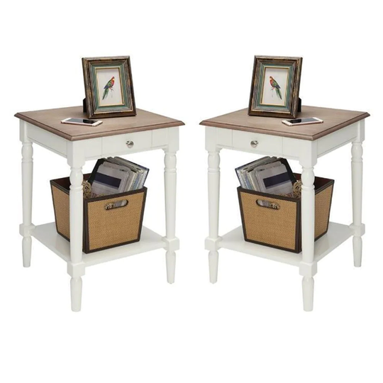 2 Piece End Table Set with Drawer and Shelf in Brown and White - 54 x 84