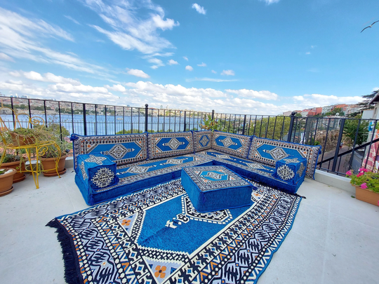 L Shaped Sectional Sofas, Royal Blue Arabic Sofa Set, Terrace Pallet Sofa, Floor Cushions, Majlis, Pouffs, Turkish Seating
