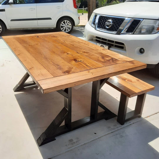 Farmhouse Style Angled H Pedestal Table With 3 Board Boardered Top