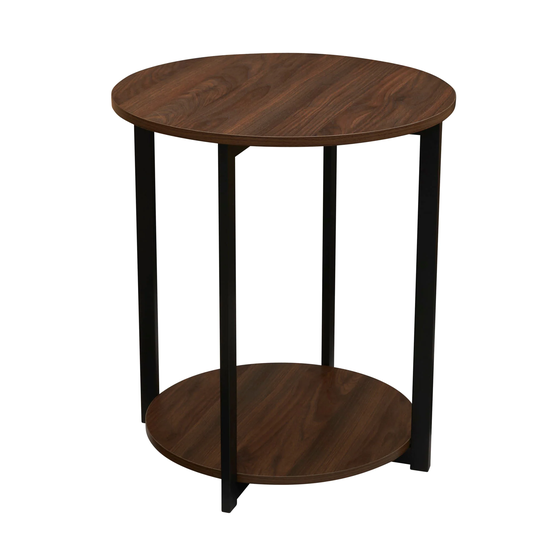 Round End Table, Mid Century Walnut End Table with Storage Shelf, Black Metal and Wood Laminate, Stylish and Contemporary