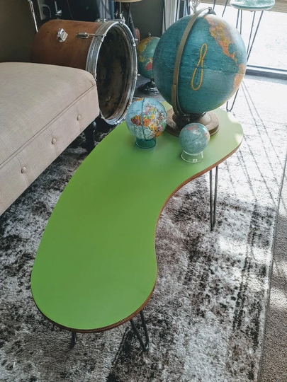 Mid-Century Bean Sofa Table, Console Chartreuse Laminate Table With Hairpin Legs, 36 Inch