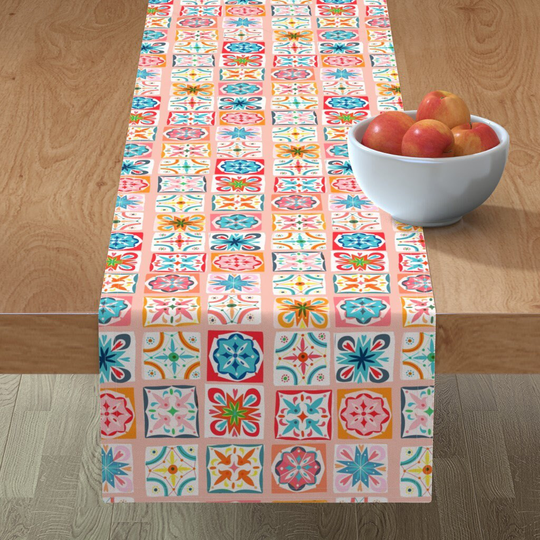 Spanish Tile Table Runner - Pastel Rose By Miraparadies Folk Art Hand Painted Watercolor Cotton Sateen Spoonflower