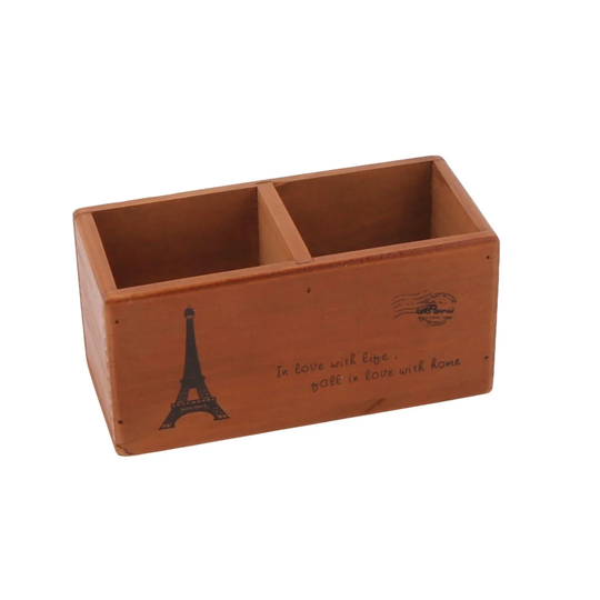 Wood 2 Compartments Remote Control Sundries Storage Organizer Holder Brown