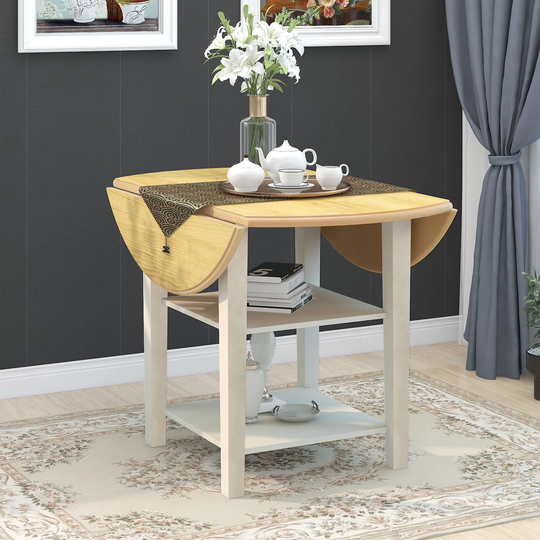 Round Kitchen Dining Table with Drop Leaf and 2-tier Shelves
