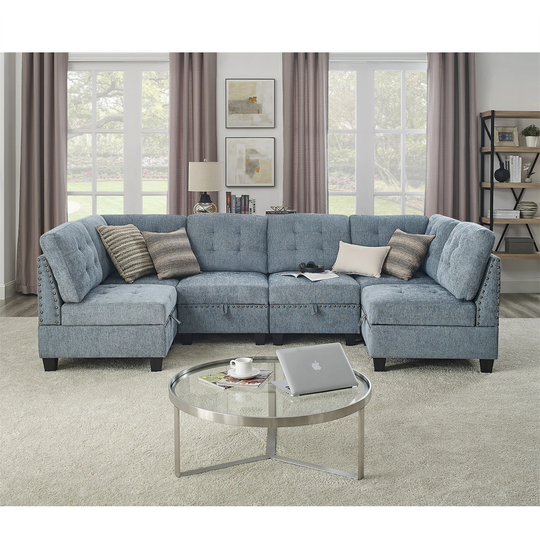 Navy Chenille U Shape Modular Sectional Sofa Four Single Chair