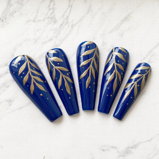 Reusable Navy With Gold Leaf Patterns Press On Nails