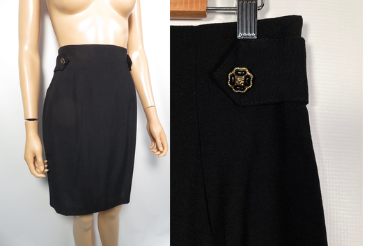 Vintage 90S Simple Classic High Waist Mini Pencil Skirt With Gold Buttons Made in USA Size 8 27