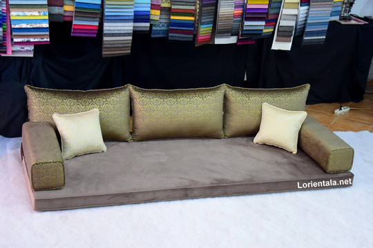 Velvet Brown Gold Oriental Floor Sofa Turkish Arabic Living Room, French Moroccan Home Decor Couch, Cushions Set, Yoga Meditation Modern Bed