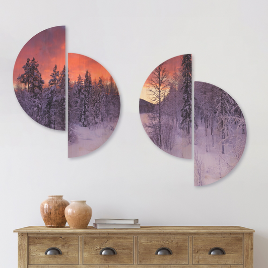 Designart 'Finnish Lapland Trees in Winter' Landscape Wood Wall Art Set of 4 Half Circles - Multi-Color