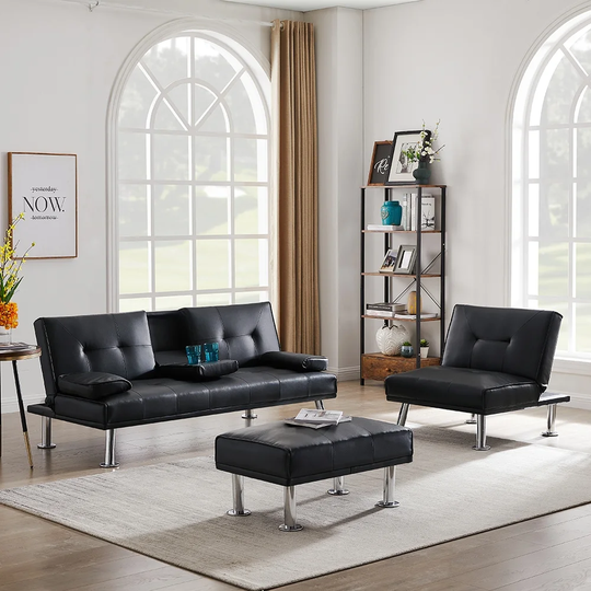 3 Piece Living Room Sofa Set, PU Upholstered, Solid Manufactured Frame, Tufted Backres, Metal Feet,Futon Sofa Bed