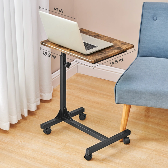 Snack Side Table Wood Coffee Table with Wheels and Adjustable Height, Industrial Bedside Table C Shaped End Table Overbed Table