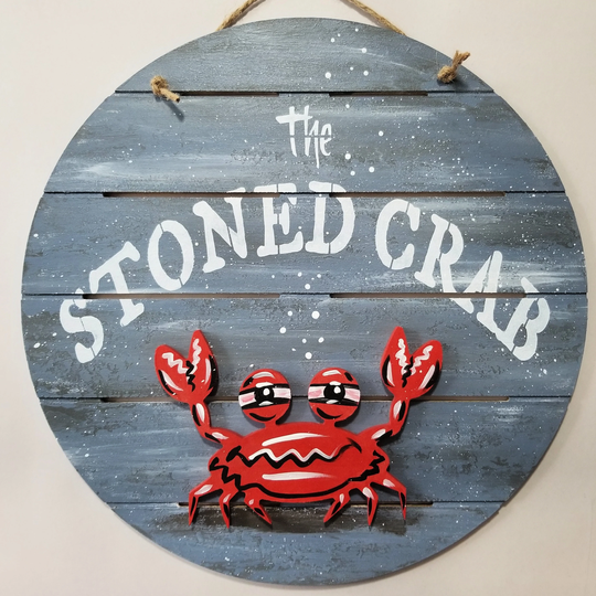 The Stoned Crab - Custom Color Funny Crab 12 Inch Sign Round Art Beach House Décor Custom Colors, Nautical Blue