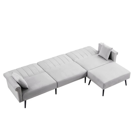 L-shape Folding Futon Sectional Sofa with Ottoman and Nailhead Trim