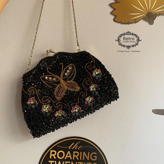 Vintage Beaded Sequins Multi Colour Evening Bag/Black Bead Flower Mini Clutch with Chain Purse