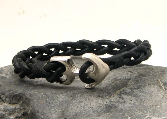 Valentines Day Gift For Husband, Men's Leather Bracelet Black Braided Cuff With Silver Plated Anchor Clasp. Anchor