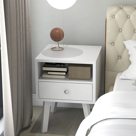 Mid-Century Modern Bedside Table, 1 Drawer with Open Shelves