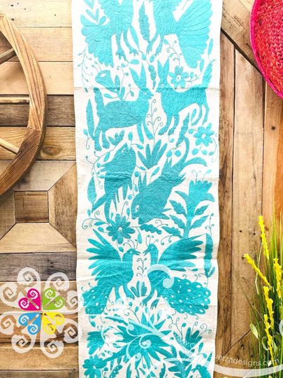 Teal Large Solid Color Otomi Table Runner - Camino De Tenango Mexican Decor Party Theme