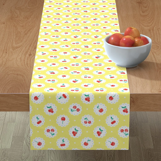 Vintage Cherries Table Runner - On Yellow By Twodreamsshop Summer Red Cotton Sateen Spoonflower