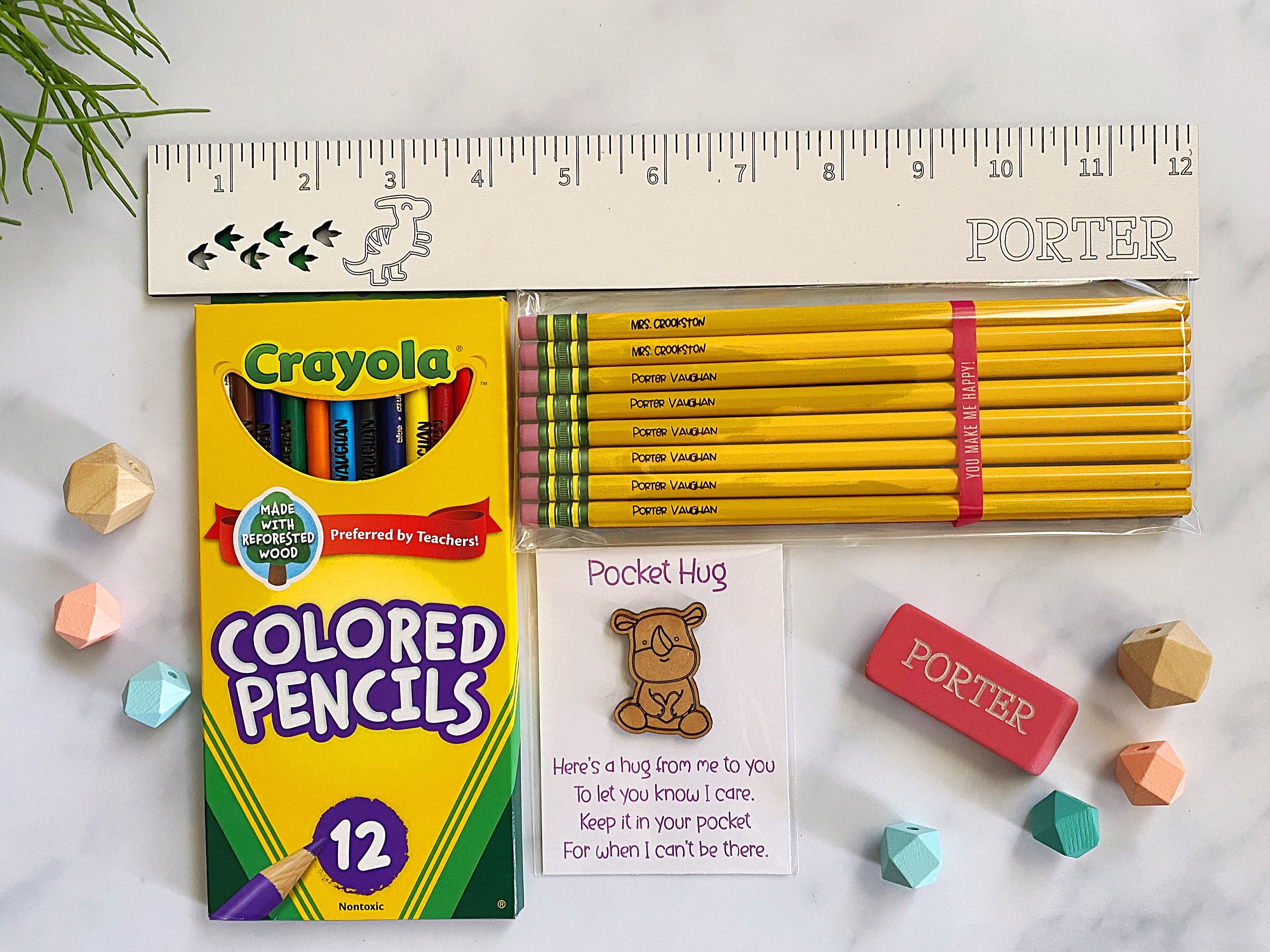 Personalized School Supply Pack - Customized Pencils, Ruler, Eraser, Colored & Pocket Hug