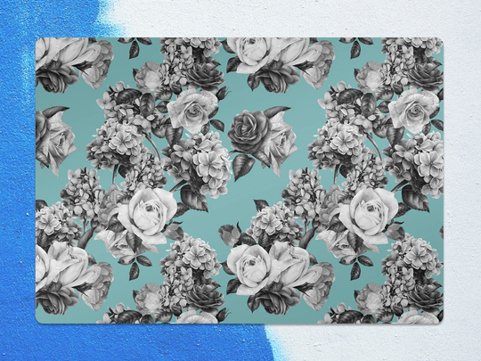 Black White Floral Chair Mat, Blue Splat Gray Vinyl Floor Botanical Protective Office Decor, Area Rug, Kids Room Decor