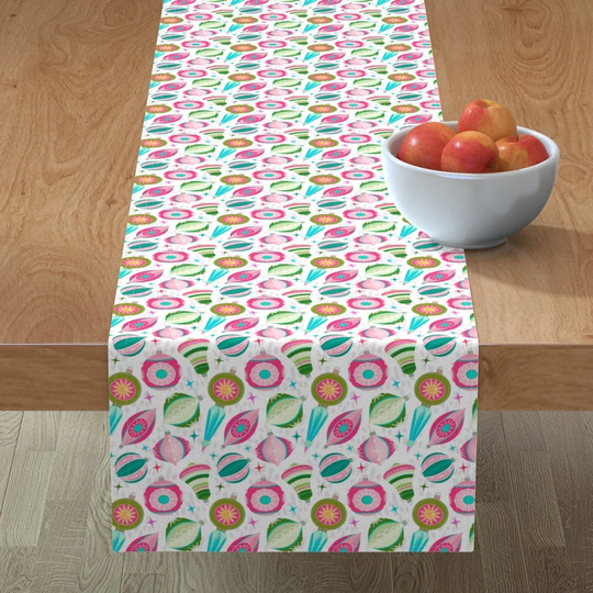Retro Christmas Table Runner - Vintage Ornaments By Dreamportdesignco Pink Cotton Sateen Spoonflower