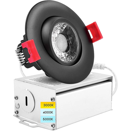 Luxrite 3" LED Gimbal Recessed Lighting with J-Box 3 Color Options 8W 600 Lumens Dimmable Damp Rated - Black
