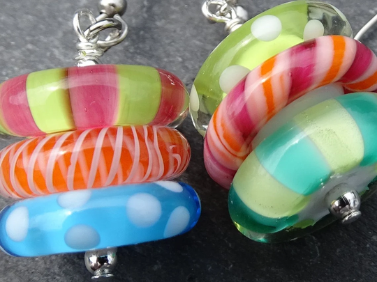 Colorful Lampwork Earrings, Colorful Glass Disc Beads, Pink Orange Aqua Earrings