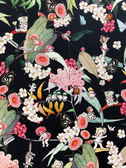 May Gibbs Gumnut Babies & Native Berries Black Floral Quilting Organic Cotton Fabric By 1/4, 1/2 Yard Or Fat Quarter, Possum Butterfly
