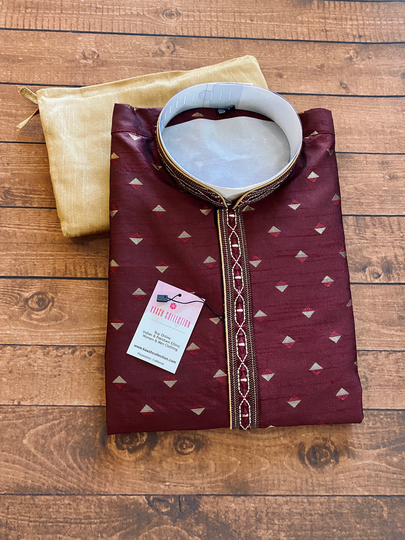 Size - 42 | Raw Silk Wine Color Men Kurta Pajama Set With Designer Pattern Mens Ethnic Wear| Party, Festival & Wedding Wear