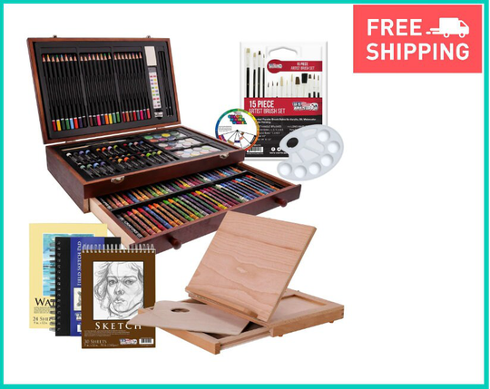 163Pc Art Drawing Artist Paint Sketch Pencil Pastel Paper Crayons Easel Wood Box