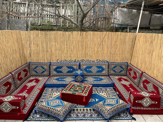 Dark Red Blue Sofa, Arabic Sofa Set, U Shape Majlis Sofa, Bohem Home Decor, Red Couch, Oriental Custom Order Ottoman Decor