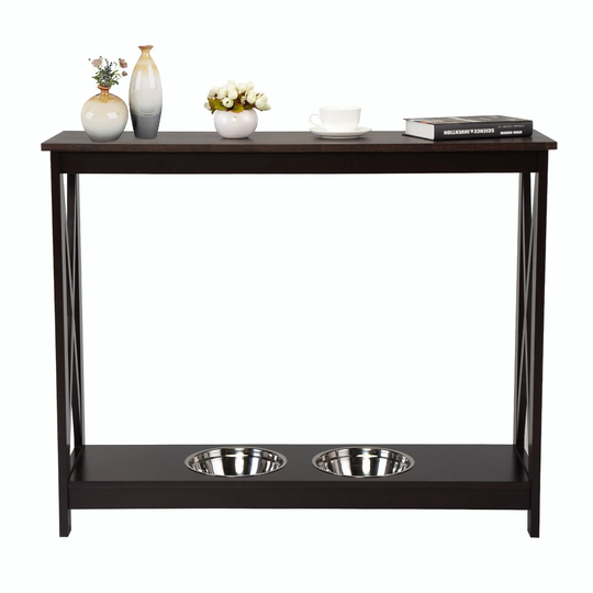 31.5"H Modern Console Table with Dog Bowls, X Frame Narrow Sofa Table, Brown and Black